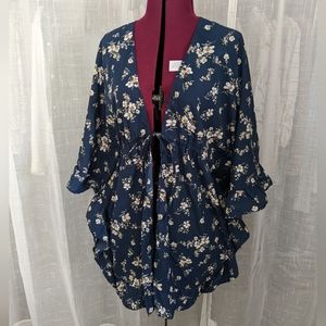 Floral navy cardigan or shrug with tie front